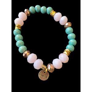 Grimish Pink and Turquoise Blue Beaded Stretchy with Gold Accents Bracelet